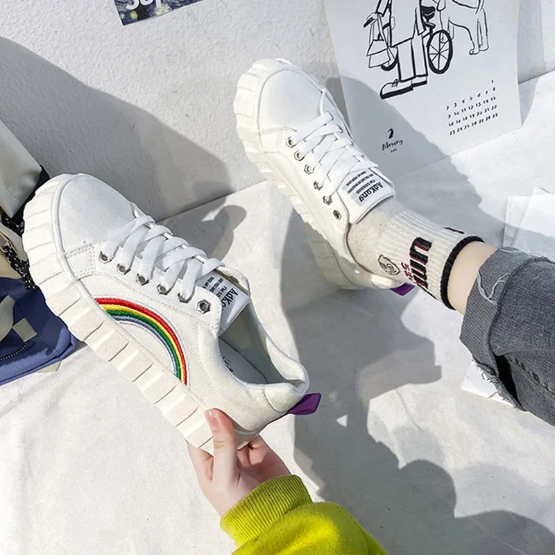 Кроссовки женские радужные Вулканизированная подошва холщовые дышащие