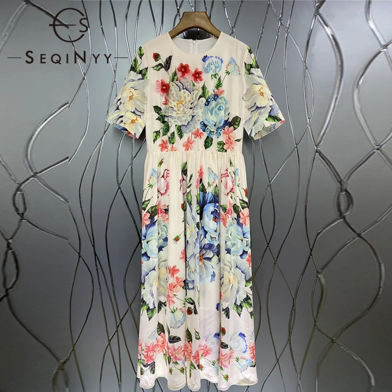 

SEQINYY Designer Fashion Dress Summer Spring Fashion Women Runway High Quality Beading Flower Appliques Print Holiday