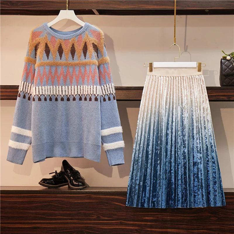 Зимний Тонкий женский свитер размера плюс Женская юбка из двух частей импортный