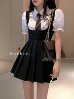 sweet spice girl little black skirt suspender dress 2021 new summer waist sweet french pleated skirt backless suspender skirt