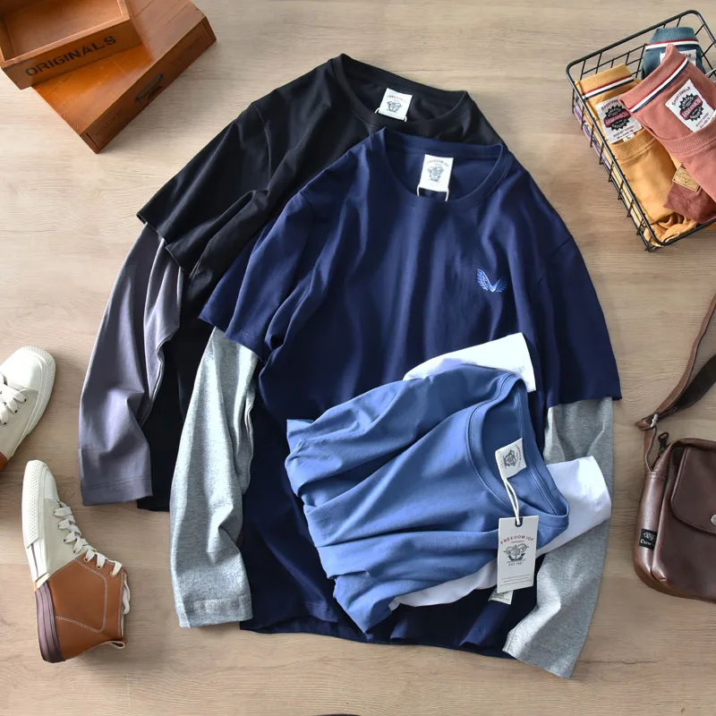 

Autumn New Japanese Retro Long Sleeved Fake Two-piece T-shirt Men's Fashion Pure Cotton Washed Old Loose Casual Couples Tops