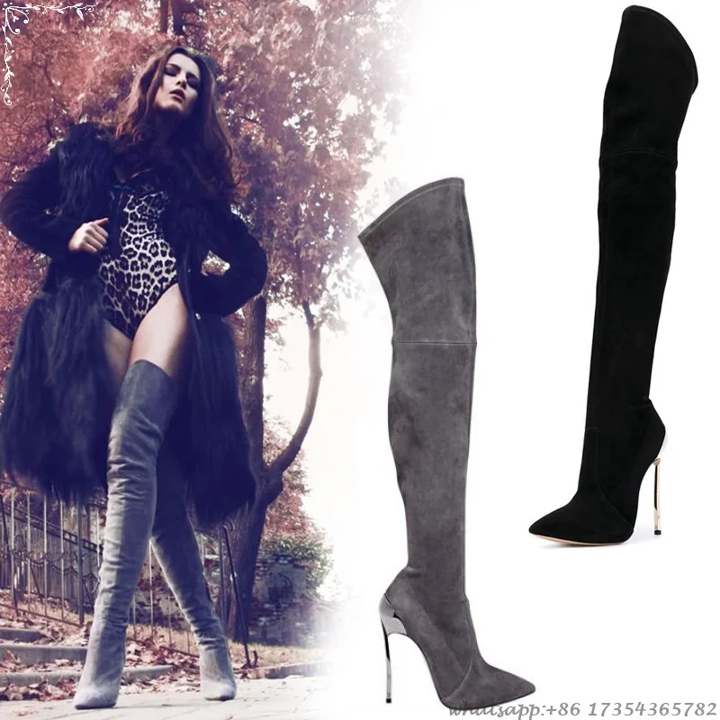 

Sexy Pointy Toe Suede Side Zipper Over The Knee Boots Women Winter High Heels Stiletto Stovepipe Boots Black Long Thigh Boots