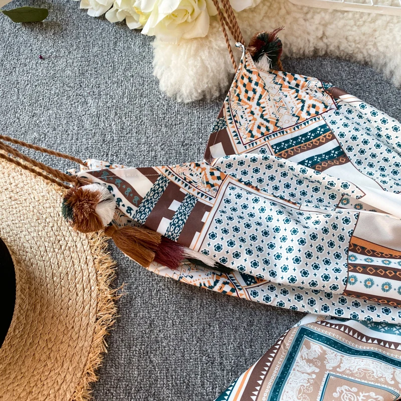 

2021 Summer Bohemian Print Women Dress Sexy V Neck Beach Style New Vestidos A-Line Lace Up Dresses Fashion 6628#