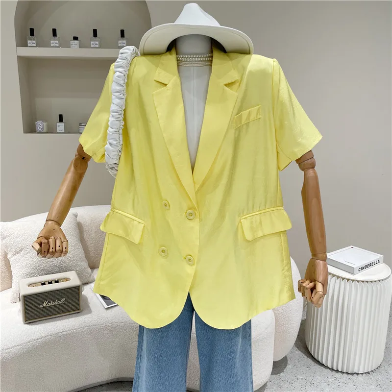 

Women's clothing Spring Summer 2021 Fashion New Yellow high-grade Satin suit coat Versatile short sleeve suit top