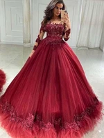 glamorous burgundy illusion o neck appliqued lace long sleeve ball gown floor length prom dresses