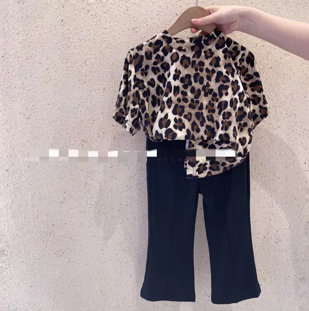 

Girls' Suit Leopard Print Personalized Short-Sleeved Top plus Loose Wide-Leg Pants 21 Summer New Children's Clothing