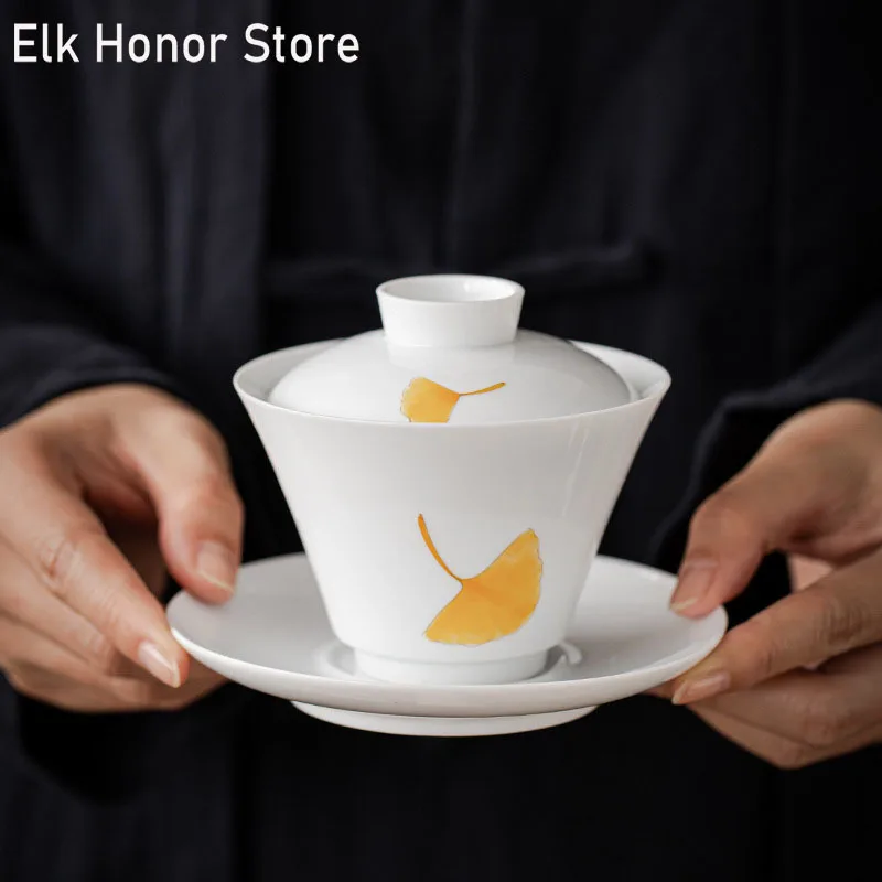 

160ml White Porcelain Tea Tureen Hand Painted Gingko Tea Gaiwan Sancai Covered Bowl Tea Maker Cup Household Kung Fu Teaware