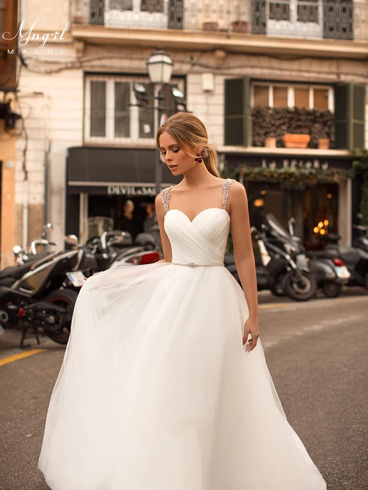 

MNGRL Simple Tube Top White Lace Fluffy Bridal Dresses Backless Perspective 3D Flower Wedding Gown Plus Size Wedding Dress