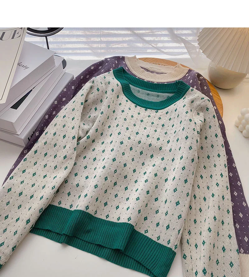 

Женский трикотажный жаккардовый свитер с круглым вырезом и длинными рукавами