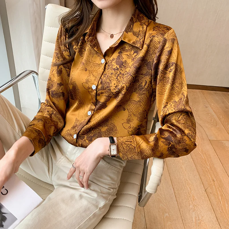 2022 Spring New Fashion Korean Ink Printing Long Sleeve Women's Top Trend Satin Chiffon Girl Temperament Thin Shirt Polo Collar