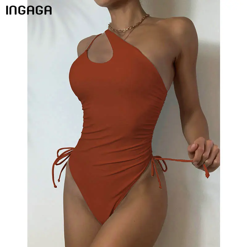 

INGAGA One Piece Swimsuit 2021 One Shoulder Swimwear Women Sexy High Cut Bodysuit Monokini Summer Solid Drawstring Bathing Suits