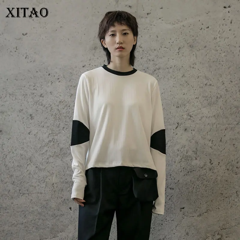 XITAO Элегантная футболка с длинным рукавом и круглым вырезом двухцветная