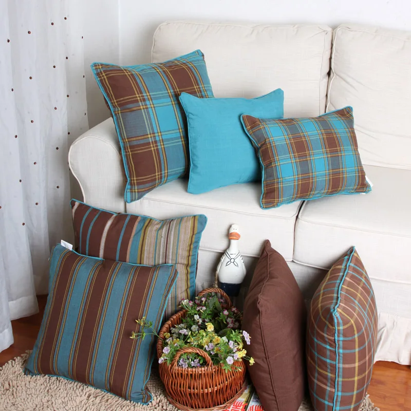 

blue browl plaid check cushion cover cotton linen throw pillow cover backrest waist pillow case