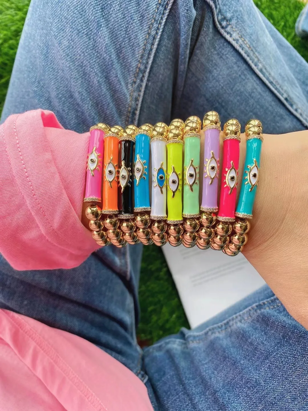 5PCS Gold Ball Beads Bracelet White Zircon Pave CZ Charm Colorful Long Enamel Tube Bar Eye Bead Elastic for Women - купить по