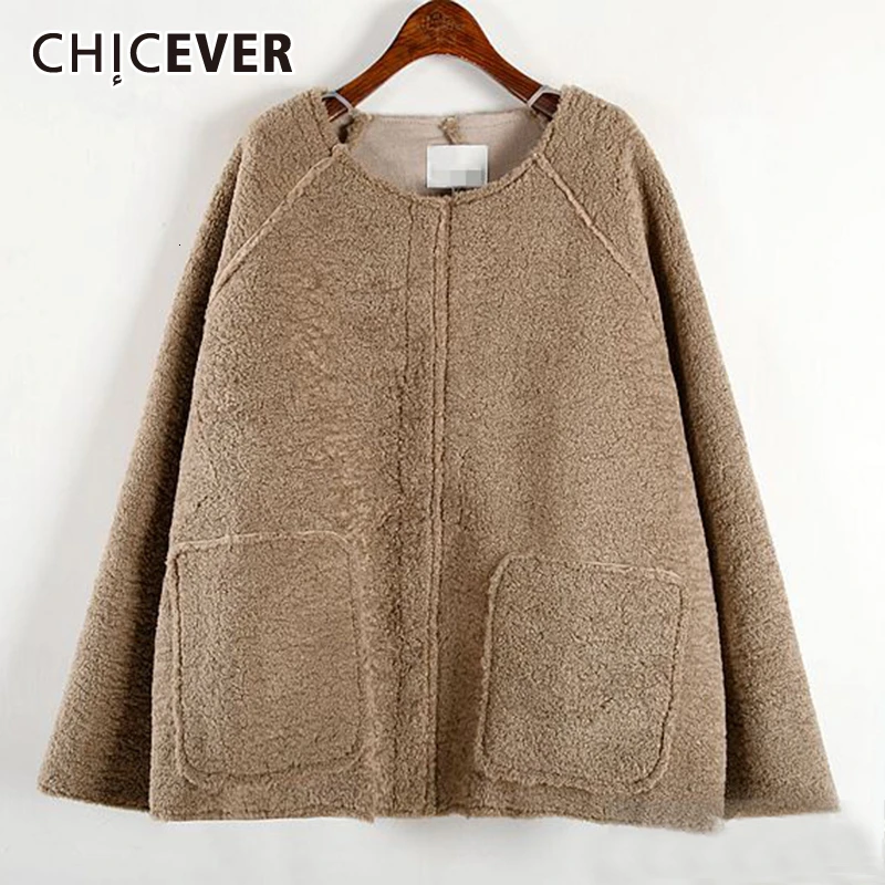 CHICEVER/корейское повседневное шерстяное пальто для женщин с круглым вырезом и