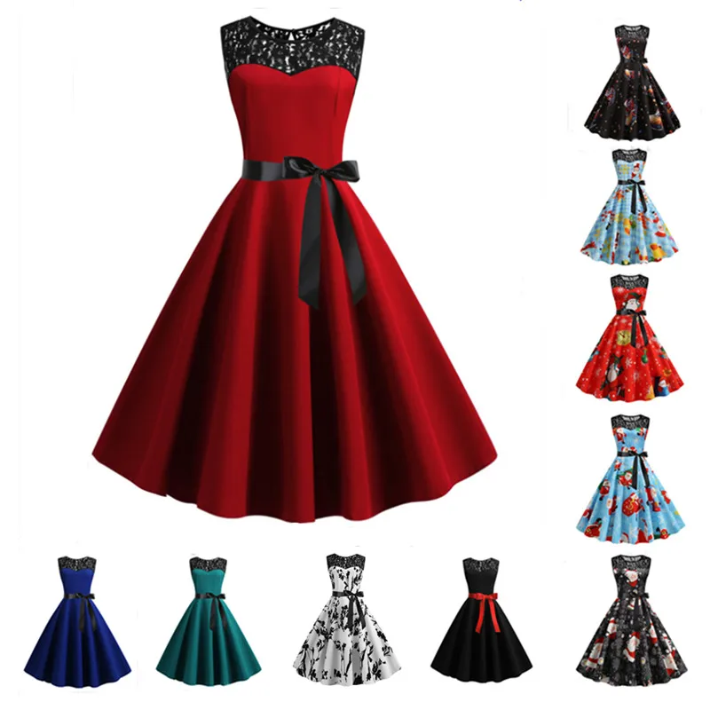 

Red Lace Christmas Summer Dress Women Robe Retro Vintage Valentines Day Party Dress Casual Office Ladies Work Dress Plus Size