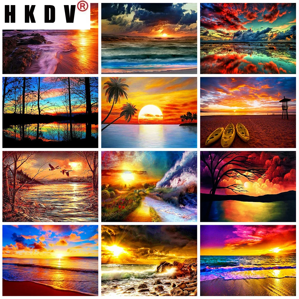 

HKDV Diamond Painting Full Drill Square Landscape 5D DIY Mosaic Embroidery Seaside Sunset Picture Of Rhinestone Craft Kit