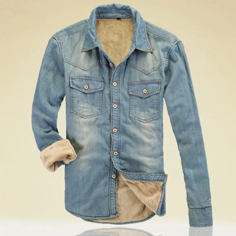 

2019 Winter New Thicken Warm Denim Shirt Men