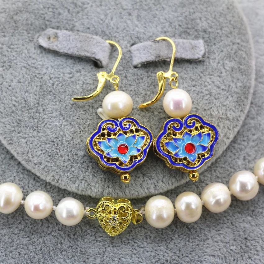 Природный 9-10 мм белый пресноводный жемчуг бусы колье серьги золото-цвет