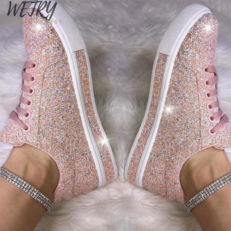 

IN 2020 Women's Glitter Sneakers Woman Flat Shoes Spring Casual Ladies Vulcanized Female Flat Platform Lace Up Fashion Shoes
