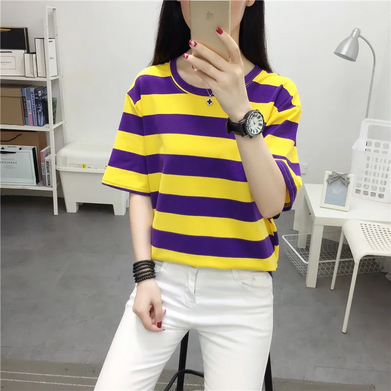 

2021 Summer Casual All-Match Women's Loose Short-Sleeved T-Shirt Rainbow Color Stripes Fashion Student Ladies Round Neck Top