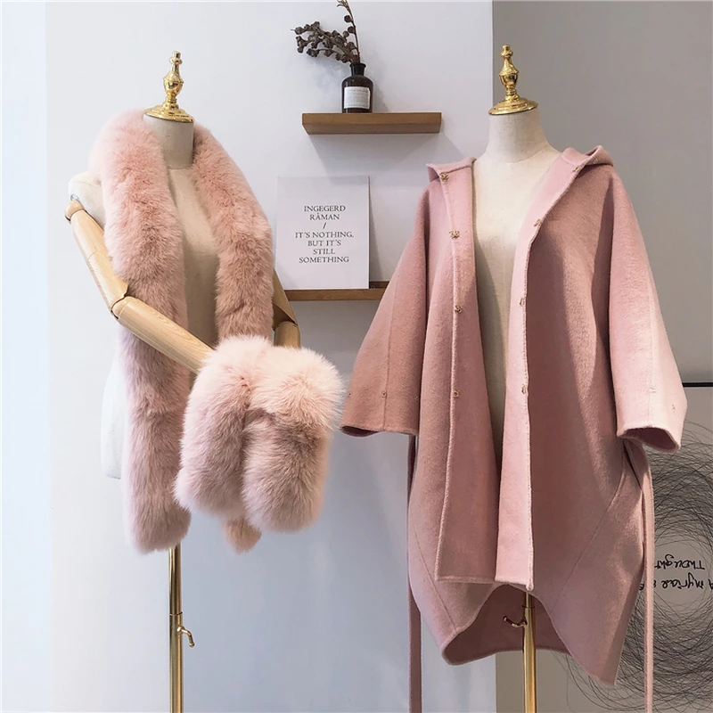 

2020 New Women's Wool Cloak Real Fox Fur Poncho Luxury Wool Poncho Fashion Cashmere Shawls Fox Fur Trims Winter Capes Fur Cuffs
