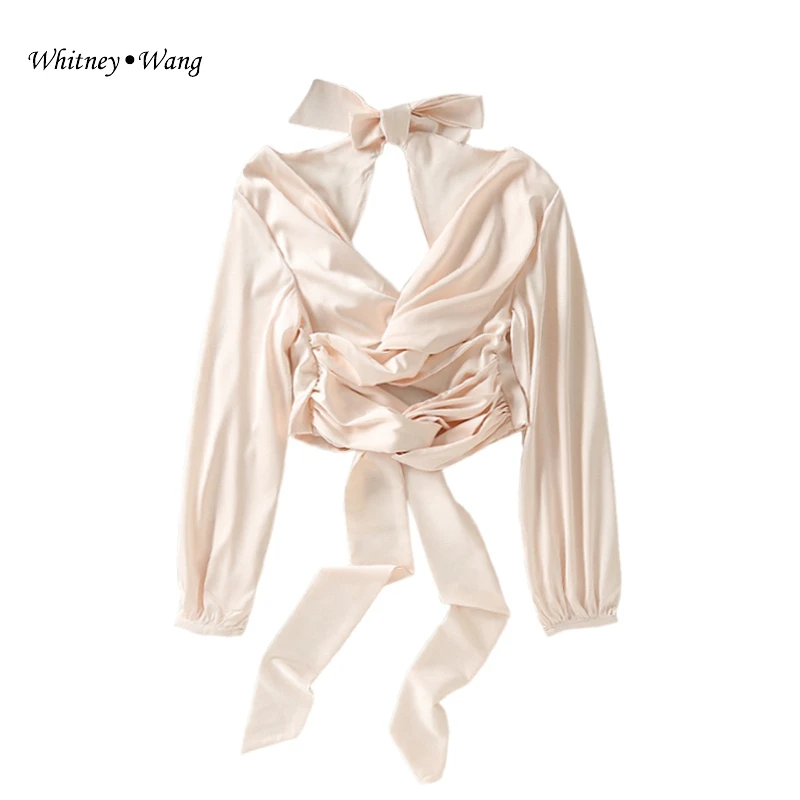 Женская атласная блузка с открытой спиной осень 2019|Блузки| |