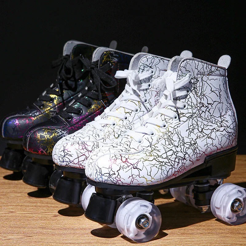 2022 Roller Skates Women Men PU Lether Roller Skates Black White Printed Skating Shoes Sliding Quad Sneakers 2 Row Adult 4 Wheel
