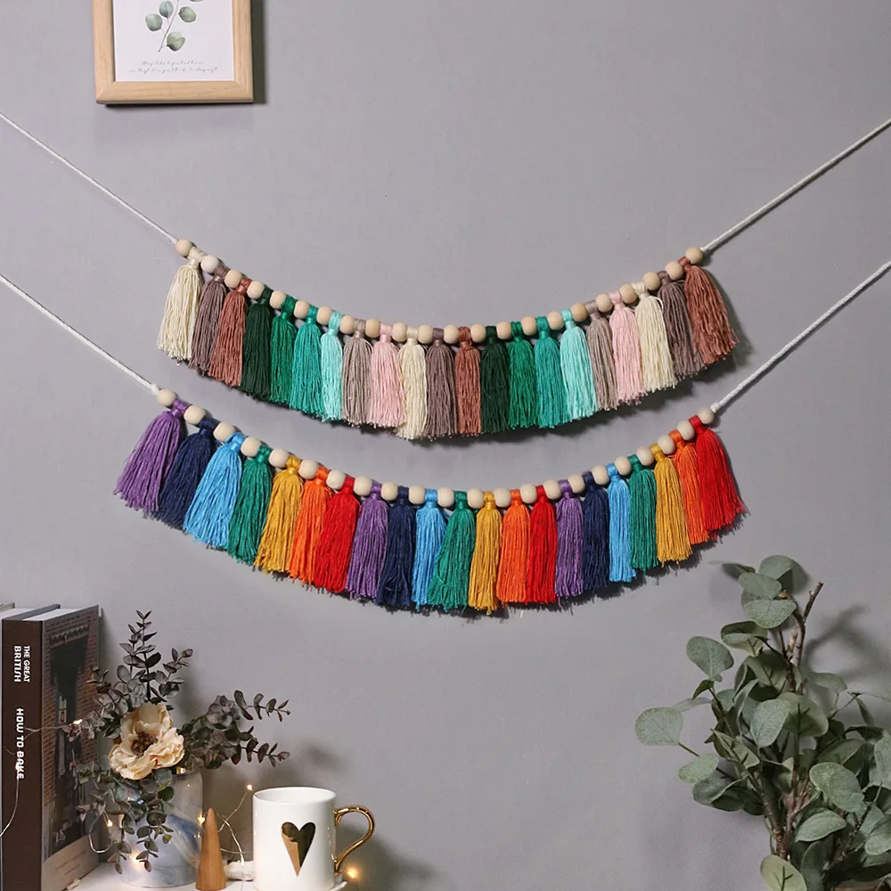 

Hand Woven Tapestry Bohemian Style, Wood Beads, Macrame, Wall Hangings, Home Decor,Rainbow Tassel,Girls Room Ornaments