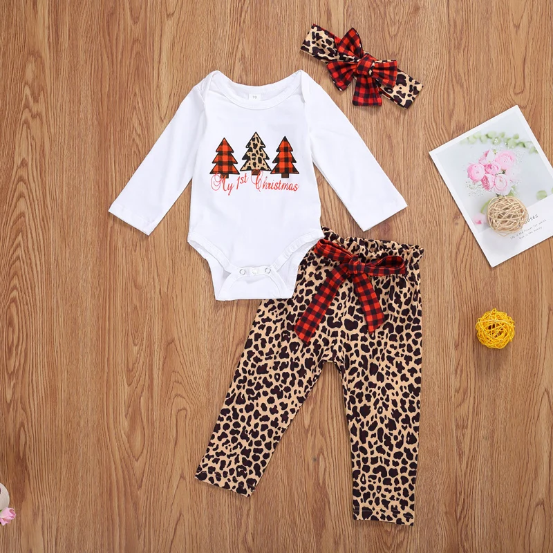 

Christmas 3 Pcs Romper Pants Bowknot Headband Suit Tree Printed Covered Button Jumpsuit Plaid/Leopard Trousers Sets