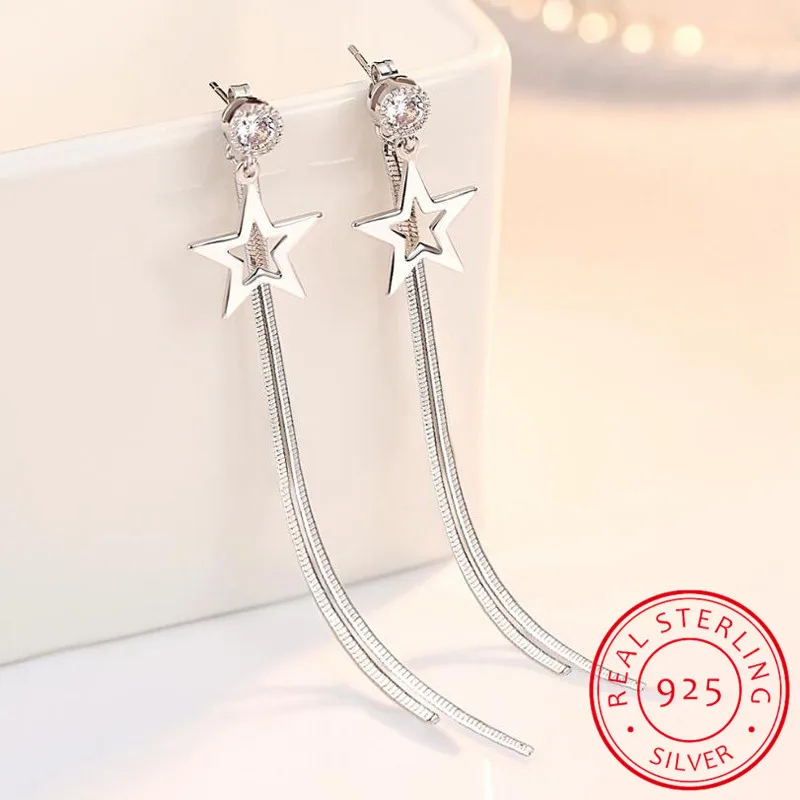 

Real 925 Sterling Silver Tassel Earrings For Women Zirconia Star Long Chain Earring Oorbellen Boucle D'oreille New Trendy Gift