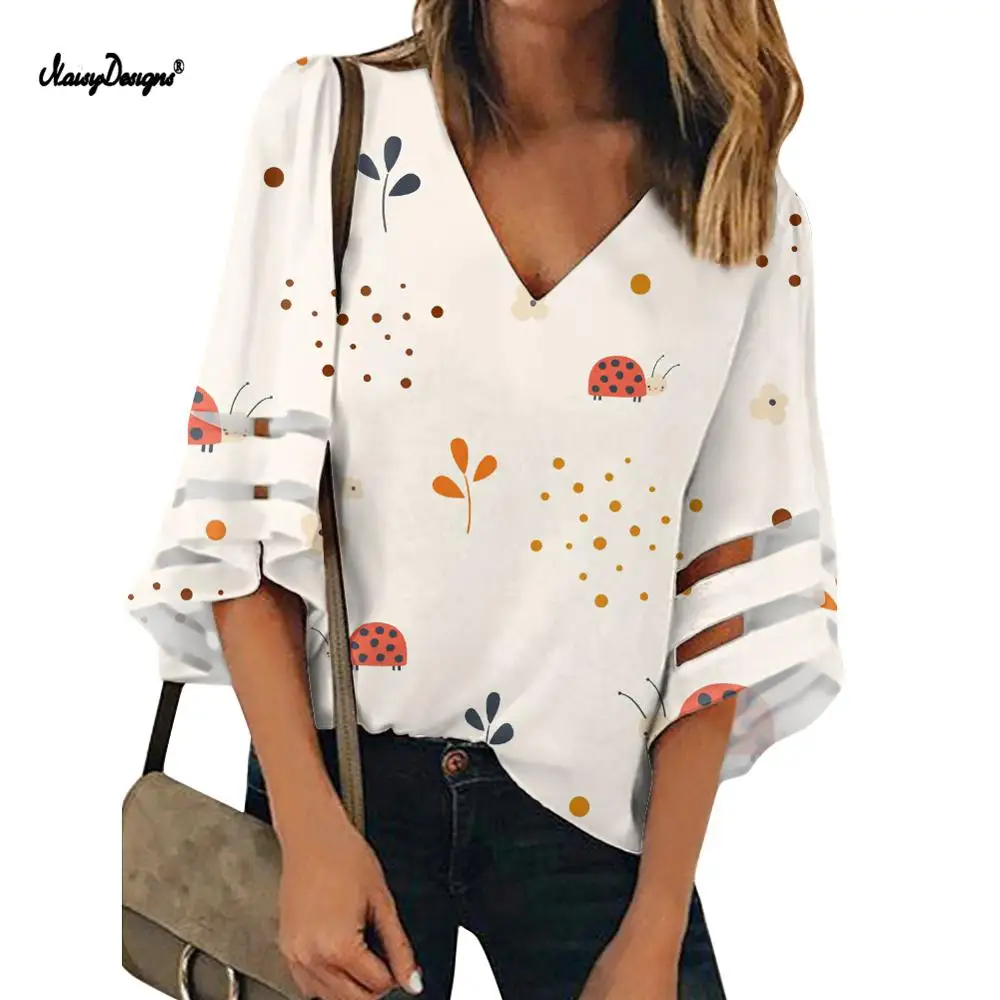 

Женские шифоновые блузки с принтом «божья коровка» размера плюс, бесшумные летние топы, рубашки с v-образным вырезом и свободными рукавами, ...