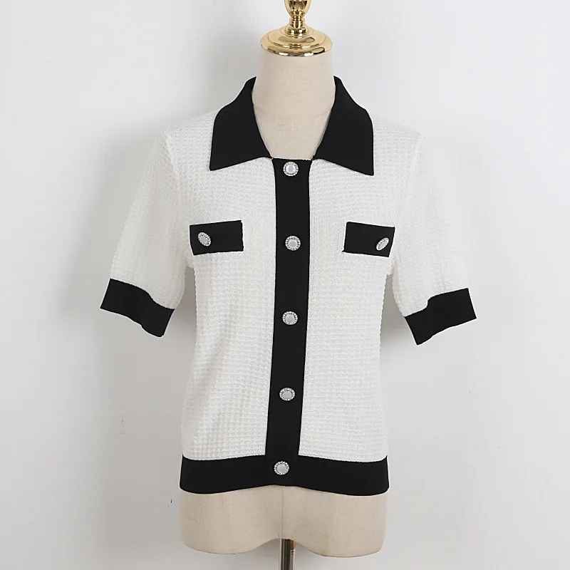 

Lapel sleeve shirt 2021 leisure color matching knit female 5 minutes of brief paragraph coat cardigan cultivate one's morality