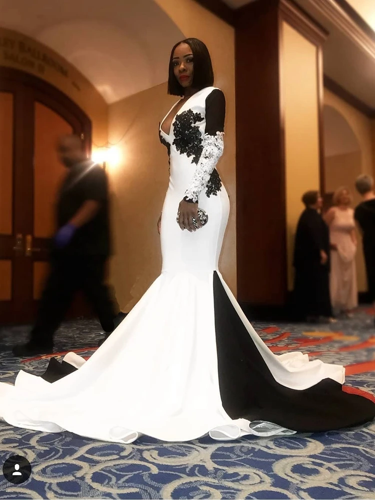 

Выпускные платья 2021 Русалка Африканский Черный Женский вышитый бисером аппликация длинным рукавом официальный вечерний
