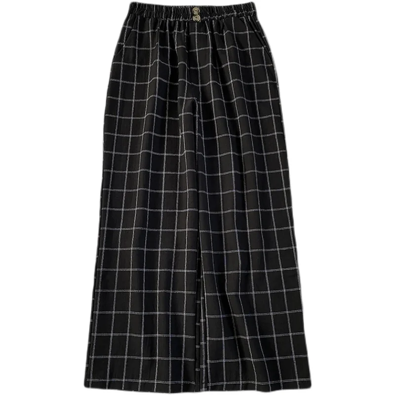 

Kimutomo Chic Plaid Pants Women Spring 2021 New Korean Fashion Ladies Button Elastic High Waist Casual Straight Pants Loose