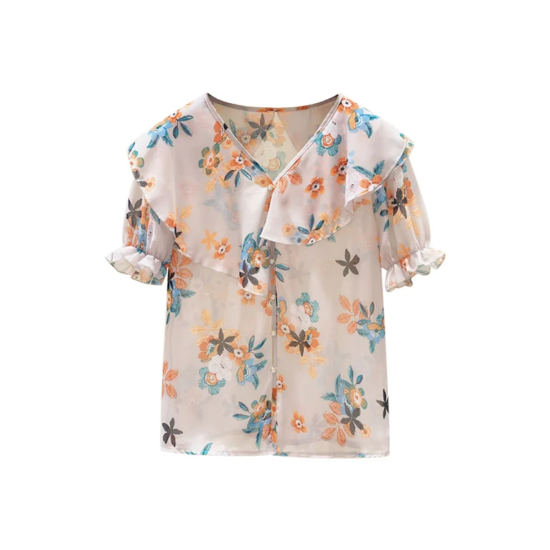 

Floral Chiffon Shirt Women's Short Sleeve V-neck Flounce Flower Print Blouse Girls Ladies New Loose Top Blusa 2021 Summer