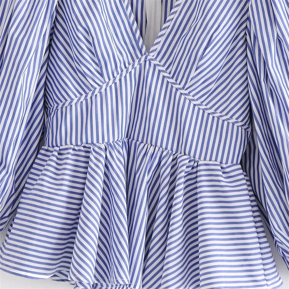 

2020 summer women's new blue striped ruffled deep V-neck halter puff sleeve waist retro poplin shirt