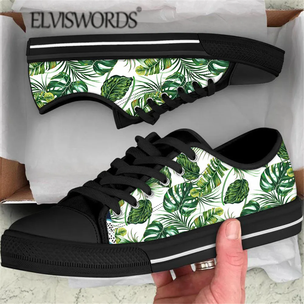 

ELVISWORDS Trendy Woman Sneakers Tropical Monstera Pattern Flat Vulcanize Shoes for Ladies Lace Up Breath Canvas Chaussure Femme
