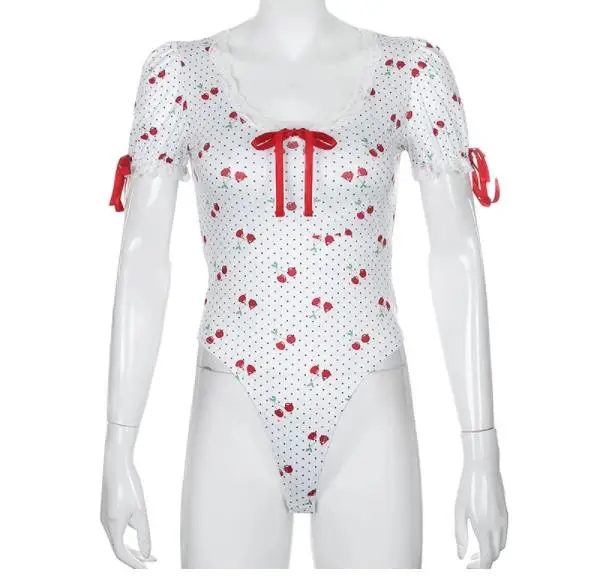 

Women Summer Bodysuit Tops, Cherry Dot Print O-Neck Short Sleeves High Waist Playsuit with Crotch Button for Girls