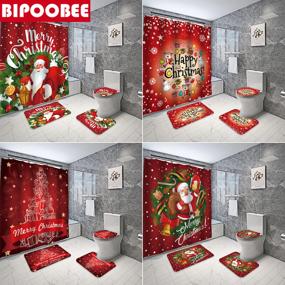 

Merry Christmas Bathroom Curtain Set Santa Claus Xmas Decorate Fabric Shower Curtains with Hooks Soft Bath Rug Red Anti-Slip Mat