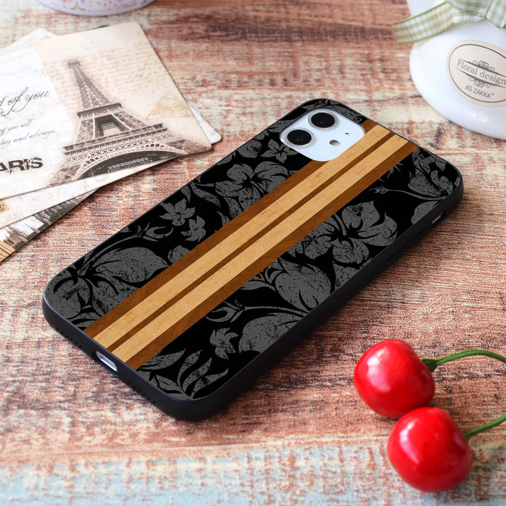 

For iPhone Sunset Beach Hawaiian Faux Koa Wood Surfboard - Black and Gray Soft TPU Border Apple iPhone Case