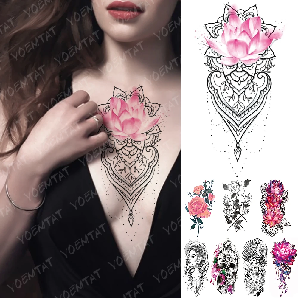 

Waterproof Temporary Tattoo Sticker Lotus Rose Flowers Lace Flash Tatto Skull Jewelry Daisy Body Art Arm Fake Tatoo Women Men