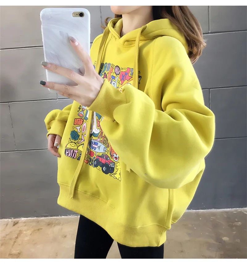 High Street Knit Hooded Letter Lady Fleece Pullovers Ins Style Add Velvet Thick Woman Hoodies Autumn Winter Clothes