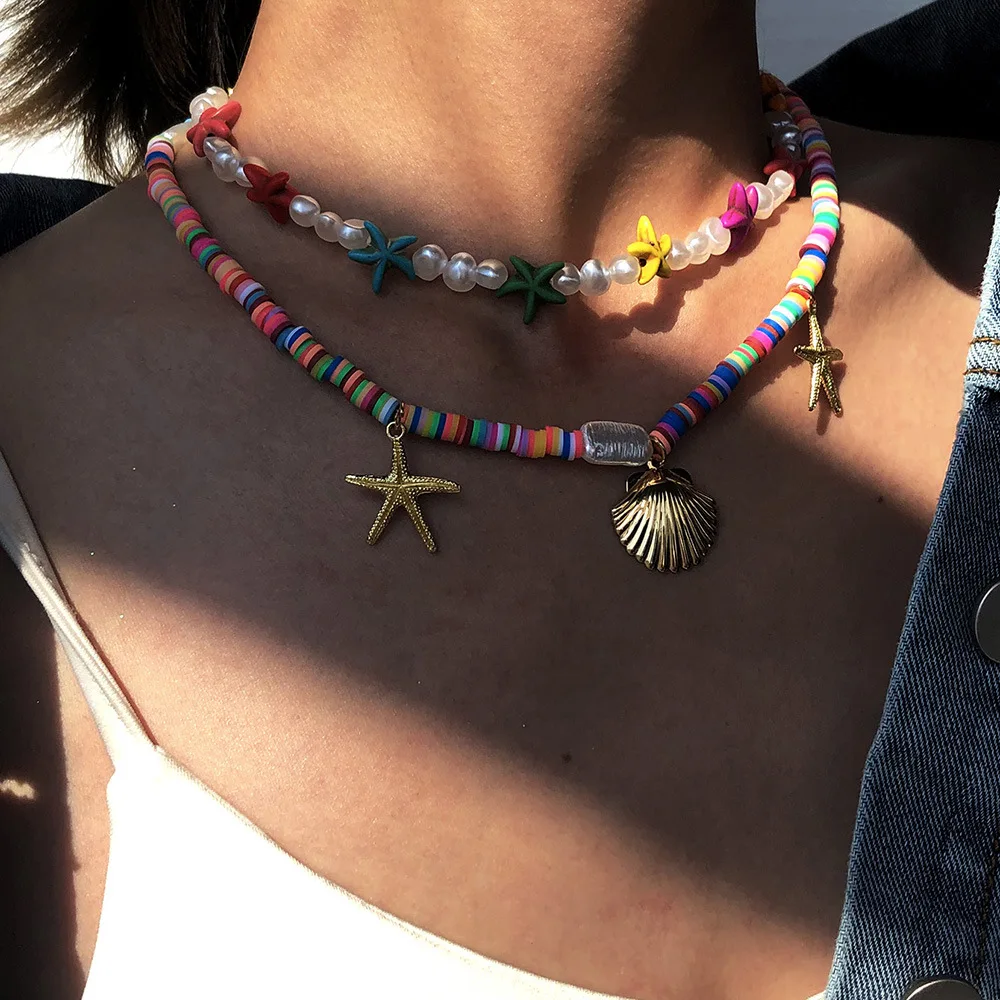 

Wgoud Bohemian Multi Layered Beaded Strand Necklace Women Layering Beach Shell Pearl Statement Necklace Jewelry Gift