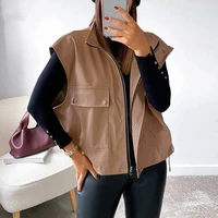 women 2022 new spring casual pu pockets zipper faux leather jacket coat shrug winter sleeveless jackets coats woman vest