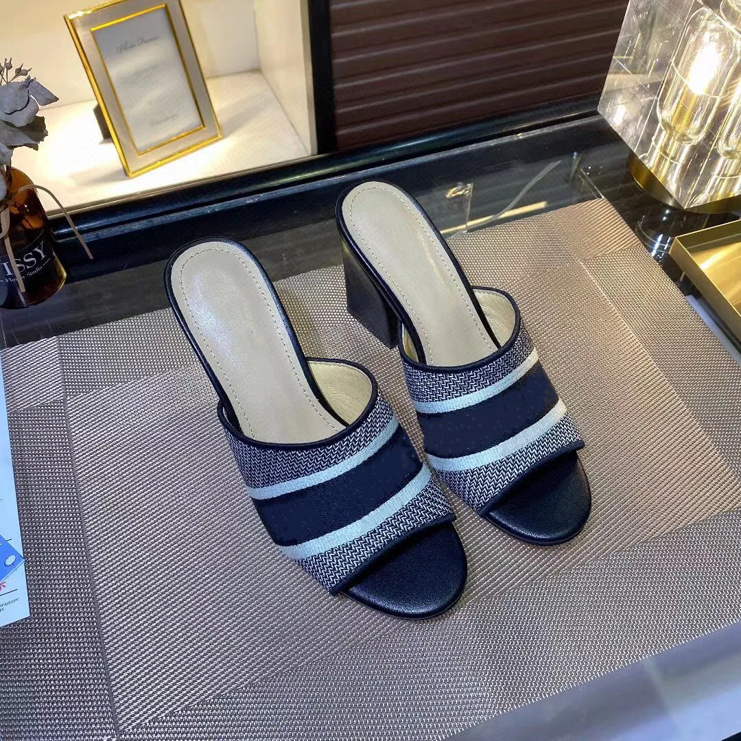 Luxury new 2021 high quality luxury brand D women's sloped heels fashion high heel leather sole slippers 35-42