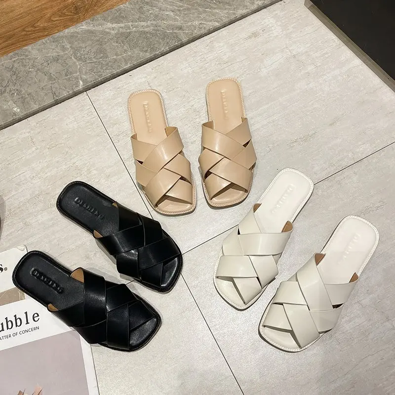 

Slippers Women Summer Flat Shoes Female Slides Cover Toe Fretwork Heels Low Pantofle Fashion Soft 2021 Luxury Peep Basic PU Casu