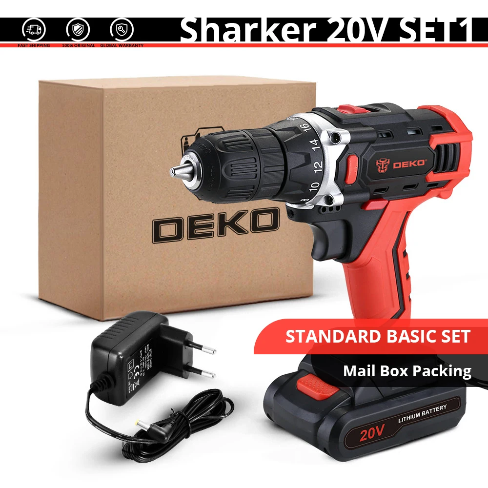 DEKO New Sharker 20 в Беспроводная сверлильная электрическая отвертка мини беспроводной драйвер питания литий-ионный аккумулятор постоянного тока 3/8 дюйма 2 скорости - Цвет: Sharker 20V SET1