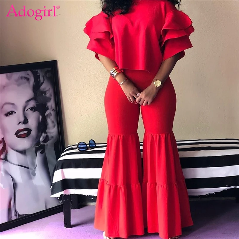 Adogirl Однотонный женский модный повседневный комплект из двух предметов с рюшами
