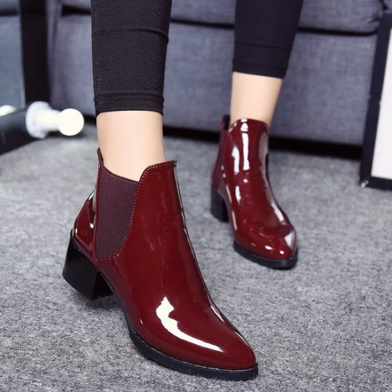 

New Arrival Fashion Shoes Women Boots Elasticated Patent Leather Ankle Boots Pointed Low Heel Boots Female Sexy Shoes568